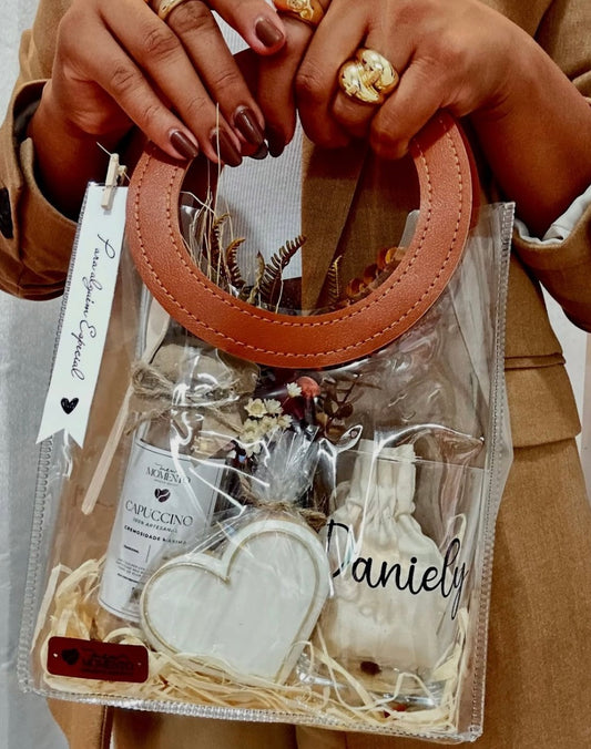 Bolsa PVC Cristal Manija de Cuerina Marrón - 20x12x24cm