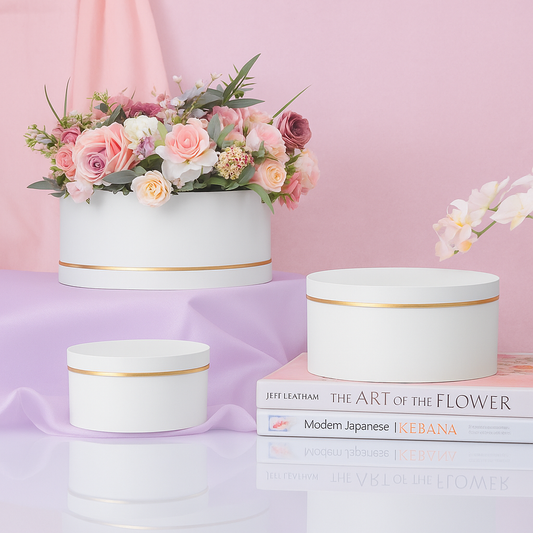 Caja Premium Redonda Blanco con Borde Dorado