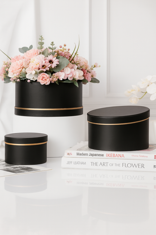 Caja Premium Redonda Negro con Borde Dorado