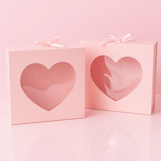 Caja Premium 25x25x8cm Corazón Rosa Desplegable c/ visor