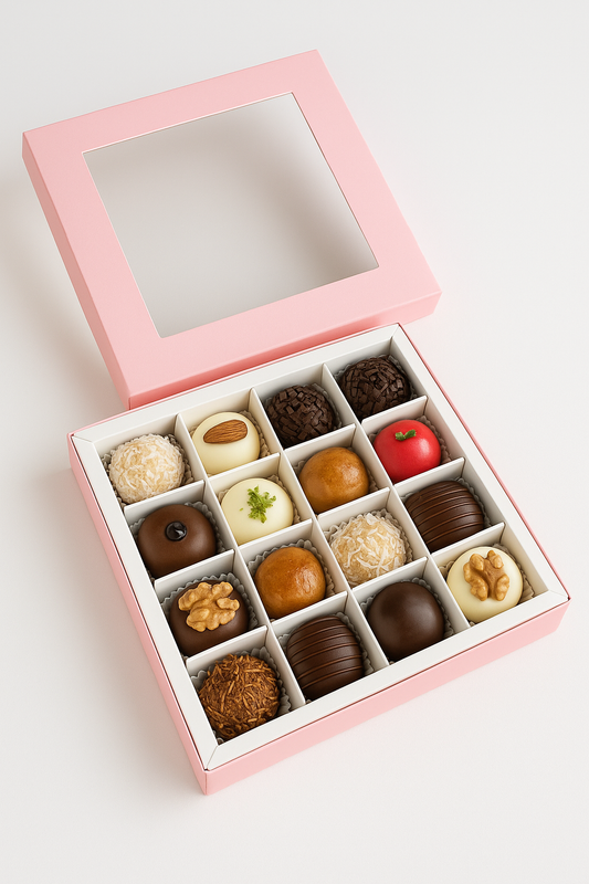 Caja 18x18x4cm p/ 16 bombones - Negro/Rosa COD 641767