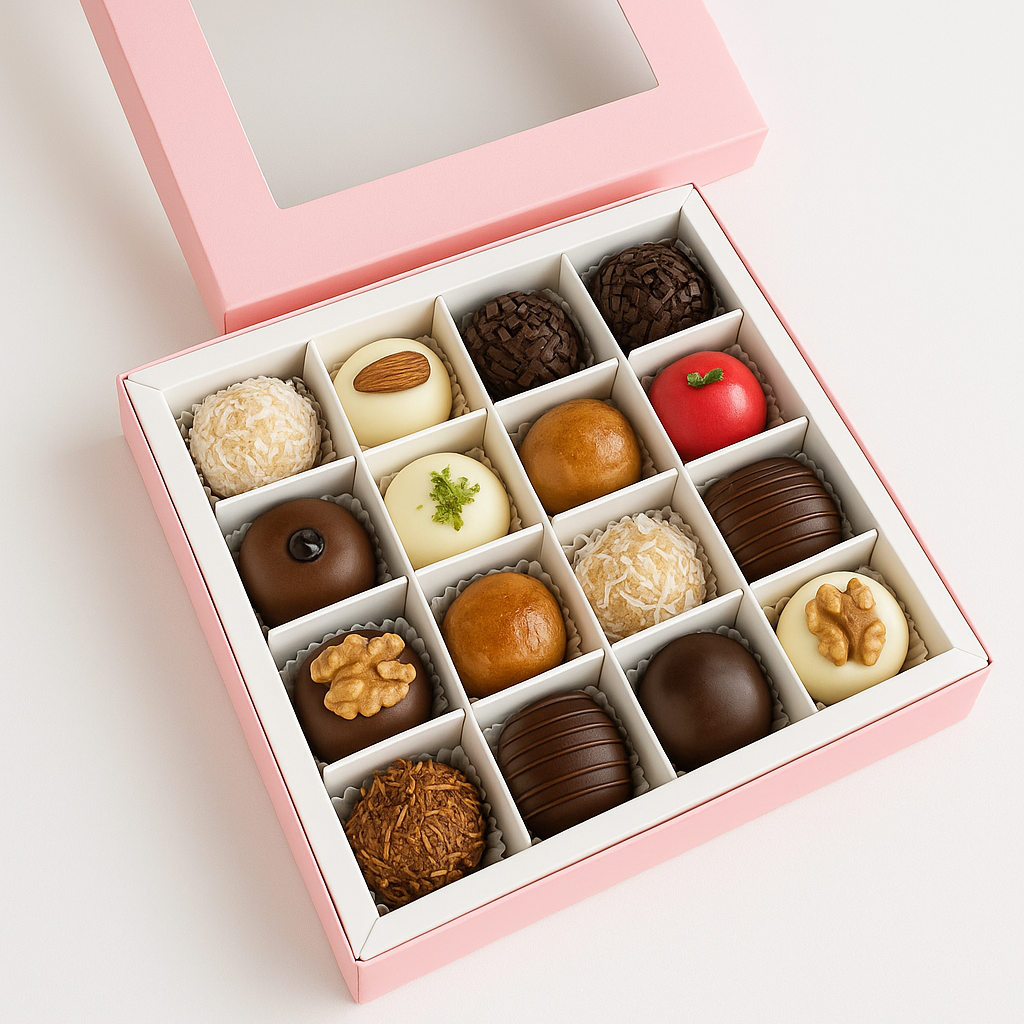 Caja 18x18x4cm p/ 16 bombones Rosa (paquete x 5 und)