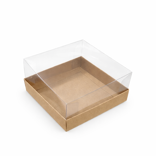 CAJA 13X13X7CM KRAFT CON TAPA DE ACETATO - (PAQUETE X 5 UND) COD 7050