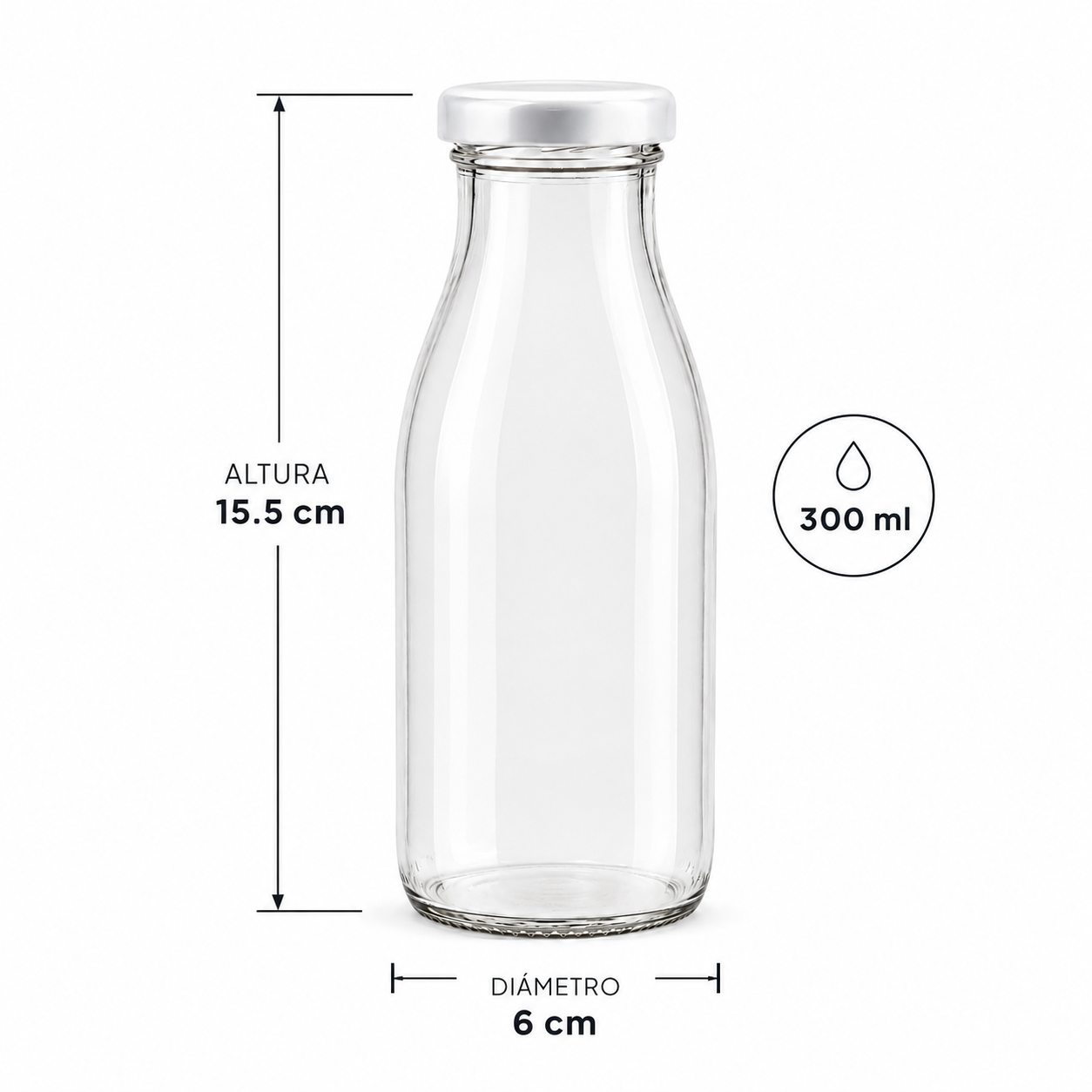 BOTELLA DE VIDRIO TAPA BLANCA 300ML