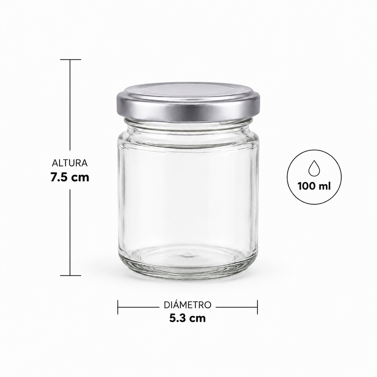 BOTELLA DE VIDRIO TAPA PLATA 100ML