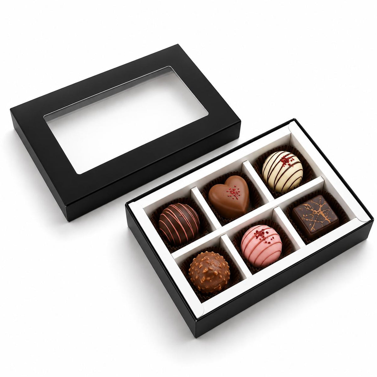 Caja 13.5x9.5x3.5cm p/ 6 bombones Negro - (Paquete x 5und)