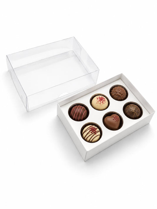 CAJA 12x8.5x3.5cm P/ 6 BOMBONES con tapa de acetato
