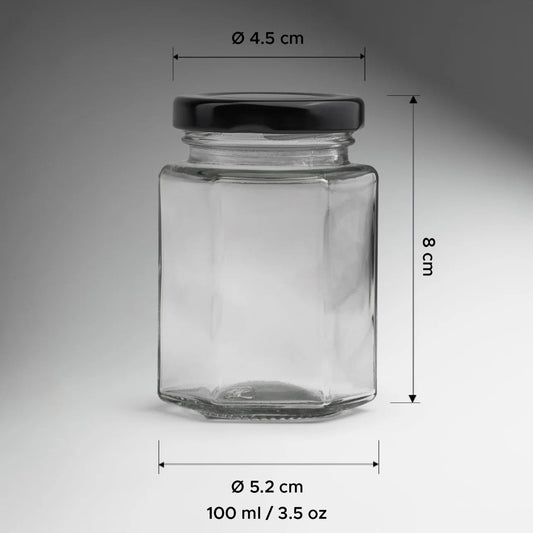FRASCO VIDRIO HEXAGONAL TAPA NEGRA 100ML