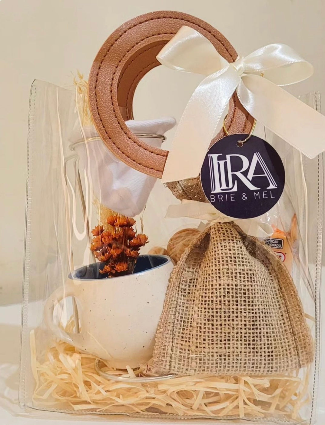 Bolsa PVC Cristal Manija de Cuerina Marrón - 25x14.5x27cm