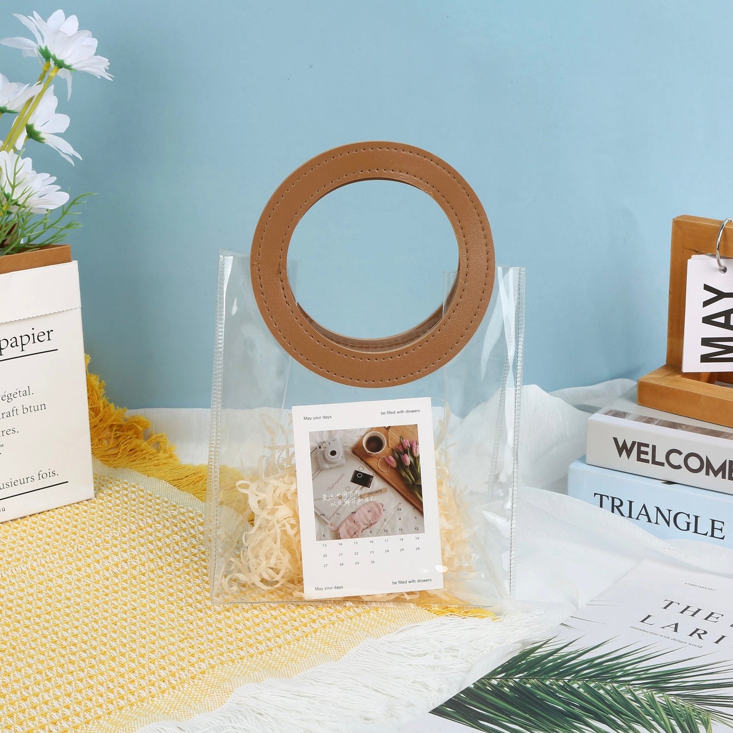 Bolsa PVC Cristal Manija de Cuerina Marrón - 20x12x24cm