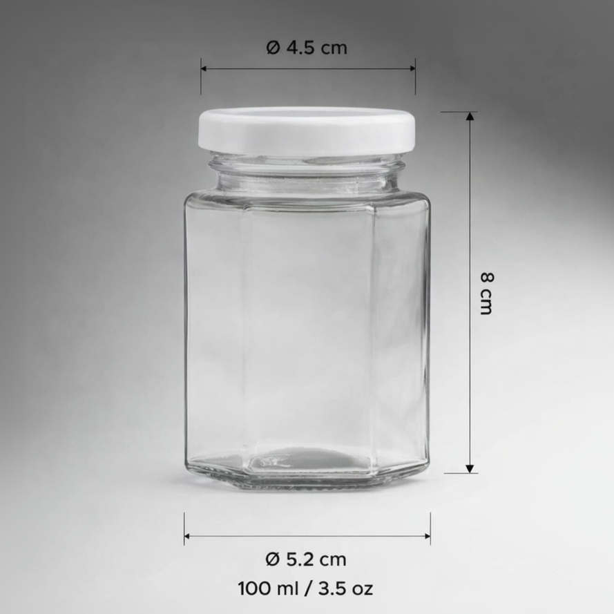 FRASCO VIDRIO HEXAGONAL TAPA BLANCA 100ML