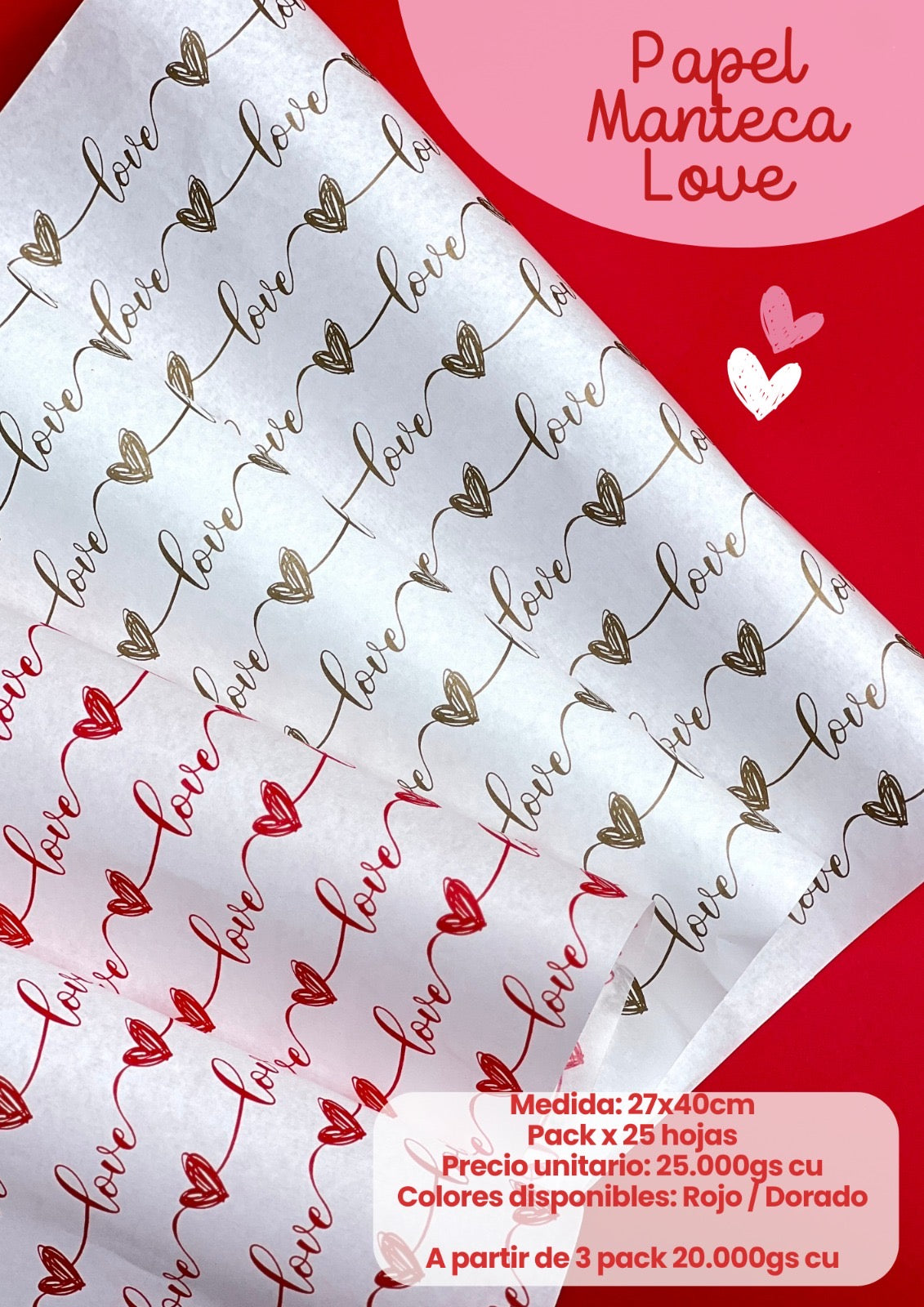 Papel Manteca Love Rojo - contiene 25 hojas - 27x40cm