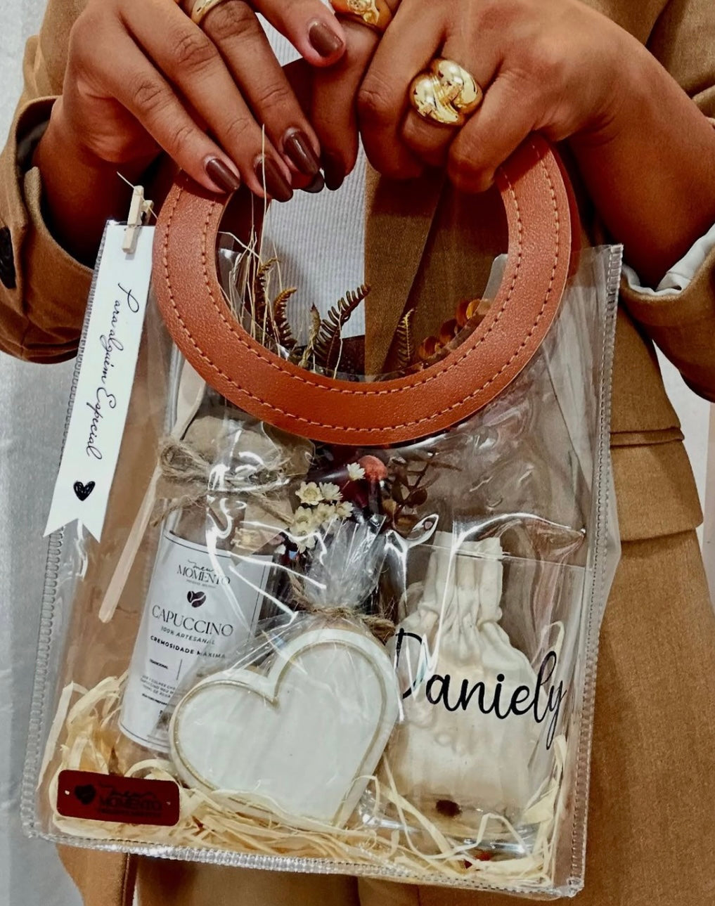 Bolsa PVC Cristal Manija de Cuerina Marrón - 20x12x24cm