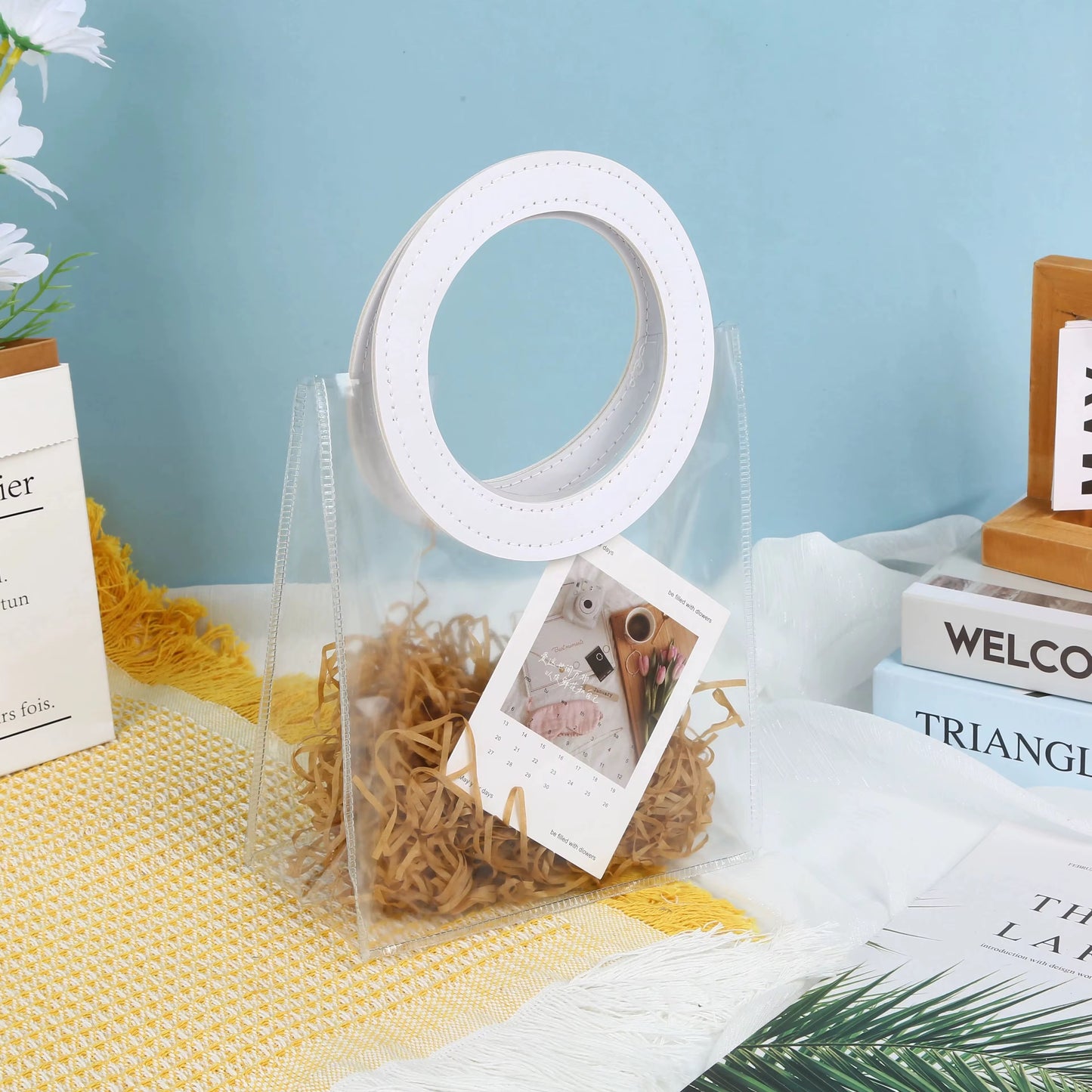 Bolsa PVC Cristal Manija de Cuerina Blanco - 18x10x20cm