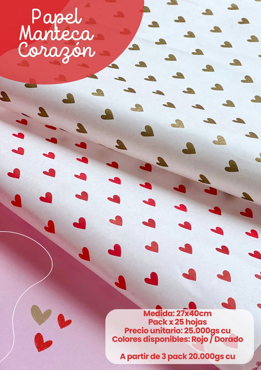 Papel Manteca Corazones - 27x40cm contiene 25 hojas