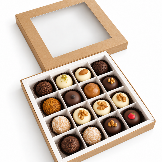 Caja 18x18x4cm p/ 16 bombones Kraft (Paq x 5 und)
