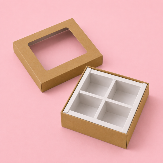 Caja 9.5x9.5x4cm p/ 4 bombones Kraft (Paquete x 5 und) - 801080