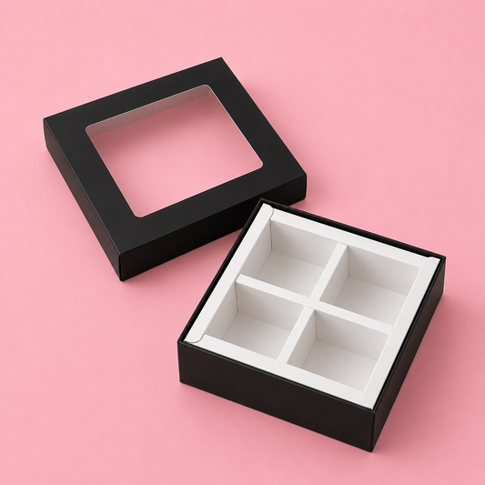 Caja 9.5x9.5x4cm p/ 4 bombones Negro (Paquete x 5 und) - 801079