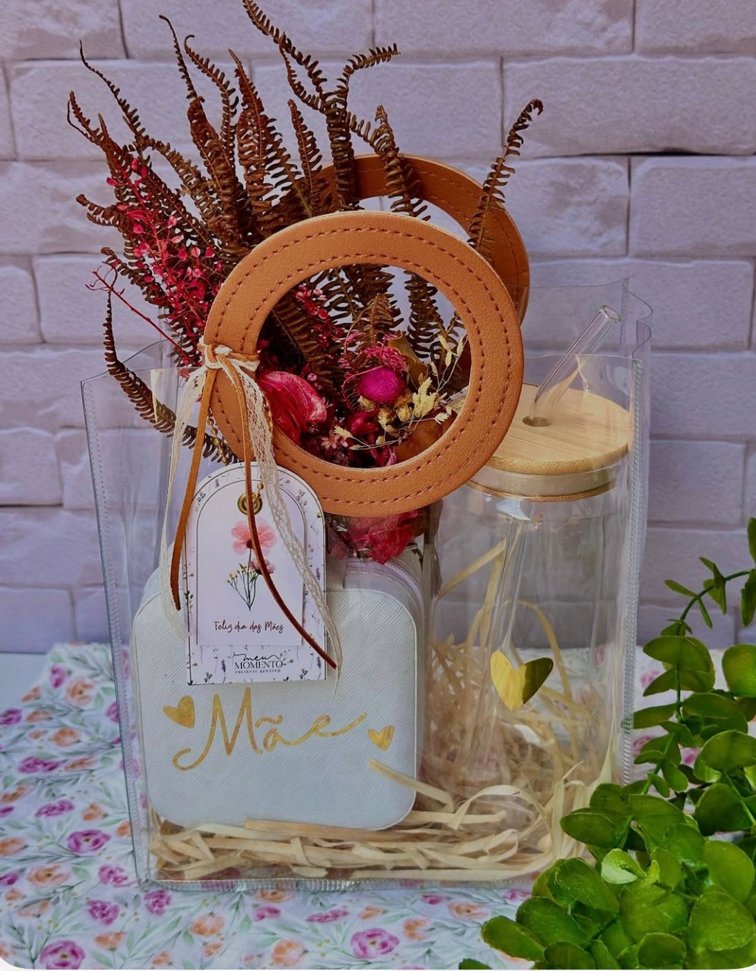 Bolsa PVC Cristal Manija de Cuerina Marrón - 25x14.5x27cm