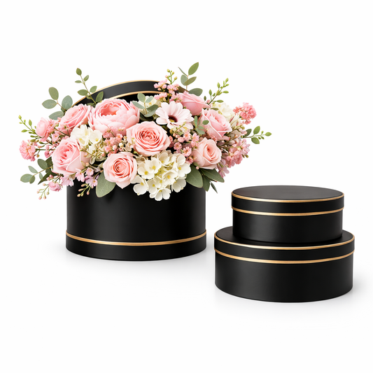 Caja Premium Redonda Negro con Borde Dorado