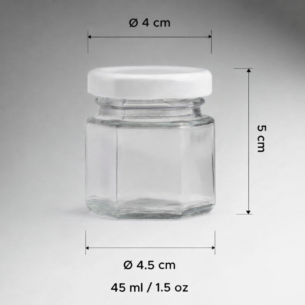 FRASCO VIDRIO HEXAGONAL TAPA BLANCA 45ML