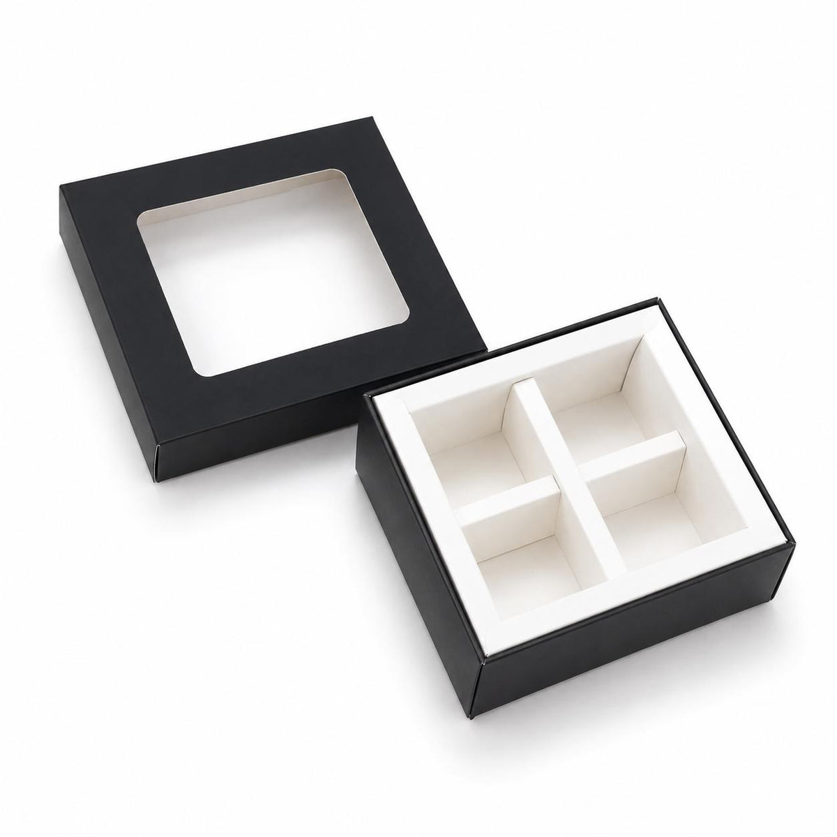 Caja 9.5x9.5x4cm p/ 4 bombones Negro (Paquete x 5 und) - 801079