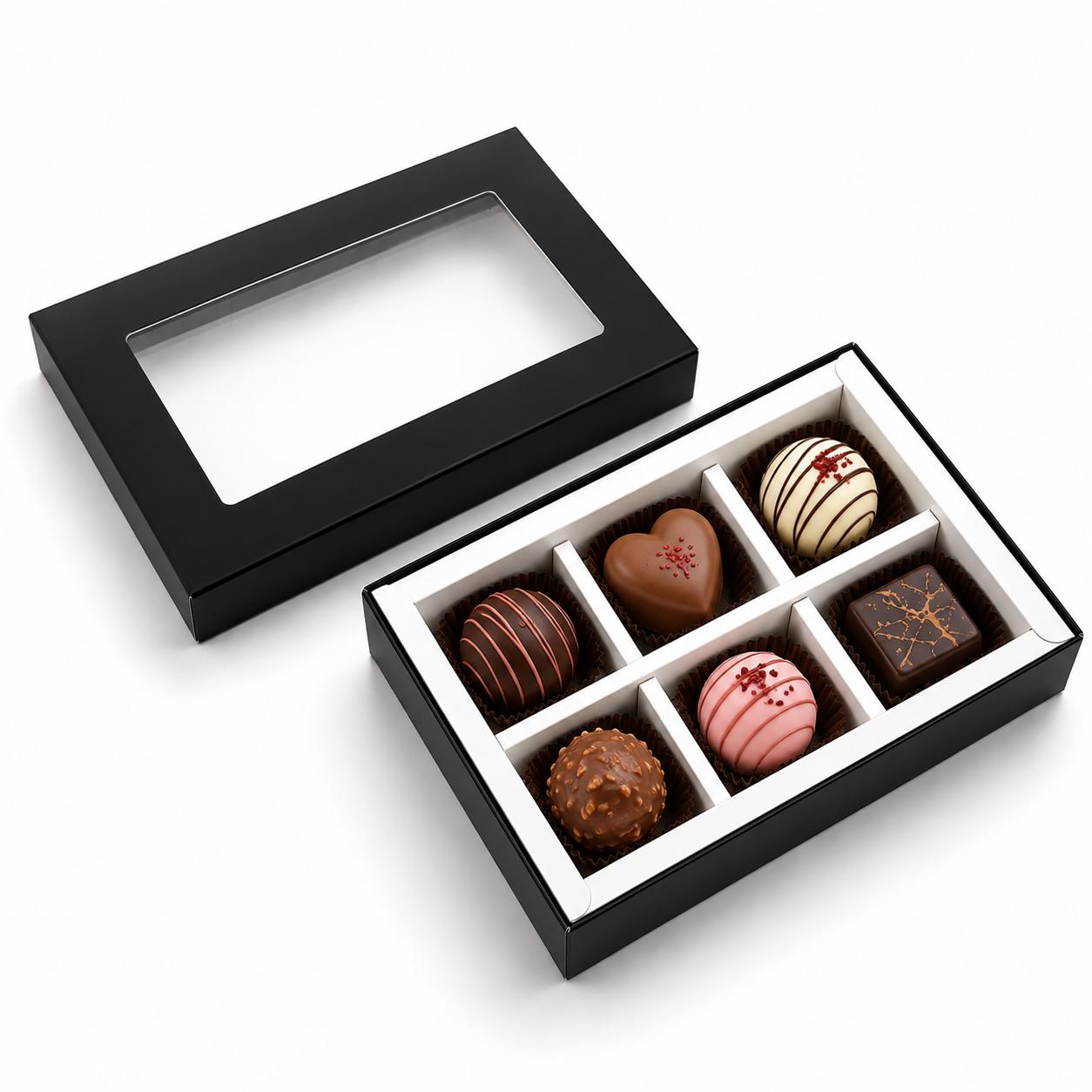 Caja 13.5x9.5x3.5cm p/ 6 bombones Negro - (Paquete x 5und)