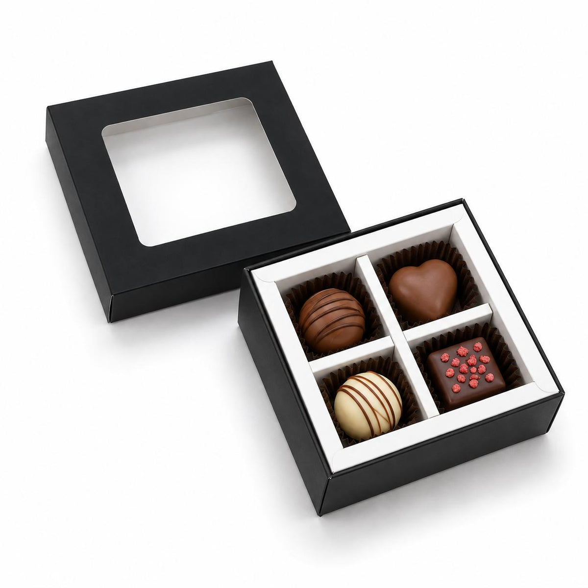 Caja 9.5x9.5x4cm p/ 4 bombones Negro (Paquete x 5 und) - 801079