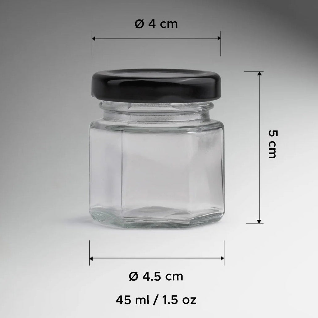 FRASCO VIDRIO HEXAGONAL TAPA NEGRA 45ML