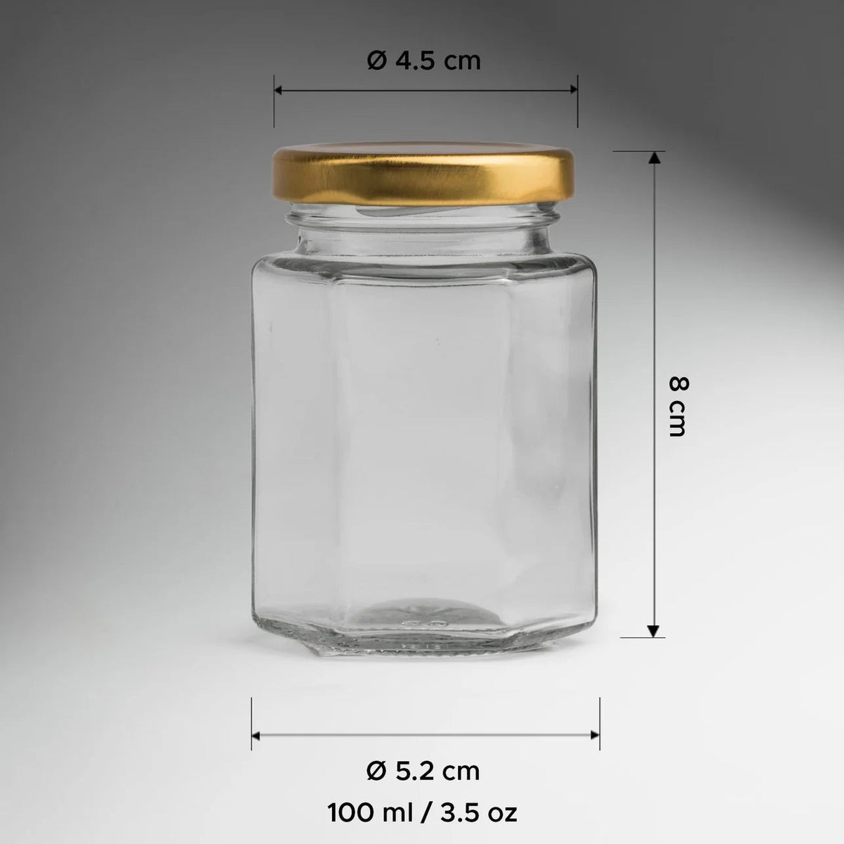 FRASCO VIDRIO HEXAGONAL TAPA DORADA 100ML