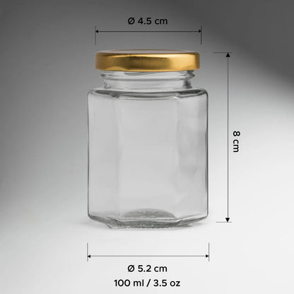 FRASCO VIDRIO HEXAGONAL TAPA DORADA 100ML
