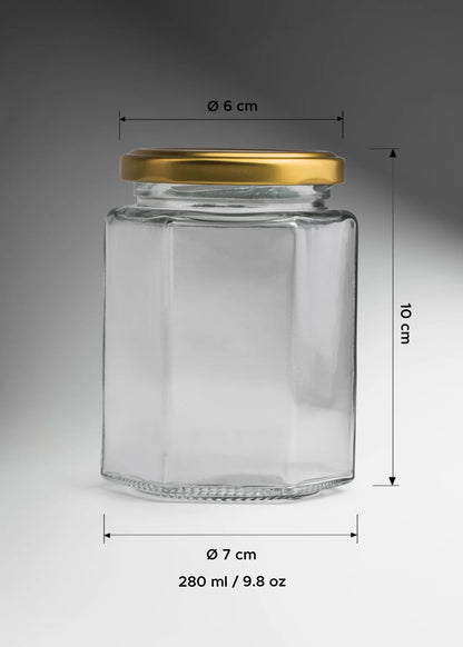 FRASCO VIDRIO HEXAGONAL TAPA DORADA 280ml