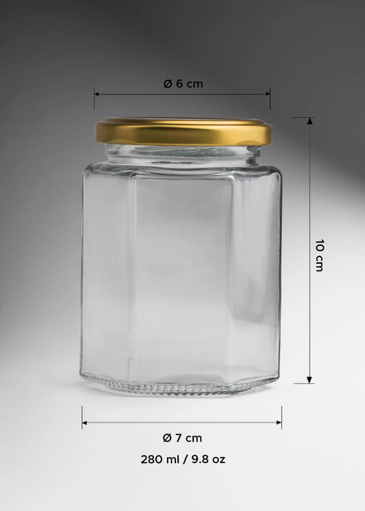 FRASCO VIDRIO HEXAGONAL TAPA DORADA 280ml
