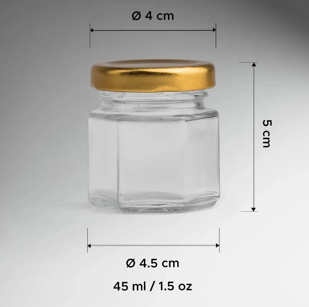 FRASCO VIDRIO HEXAGONAL TAPA DORADA 45ML