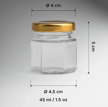 FRASCO VIDRIO HEXAGONAL TAPA DORADA 45ML