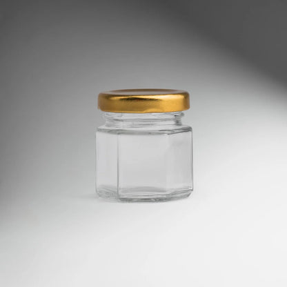 FRASCO VIDRIO HEXAGONAL TAPA DORADA 45ML