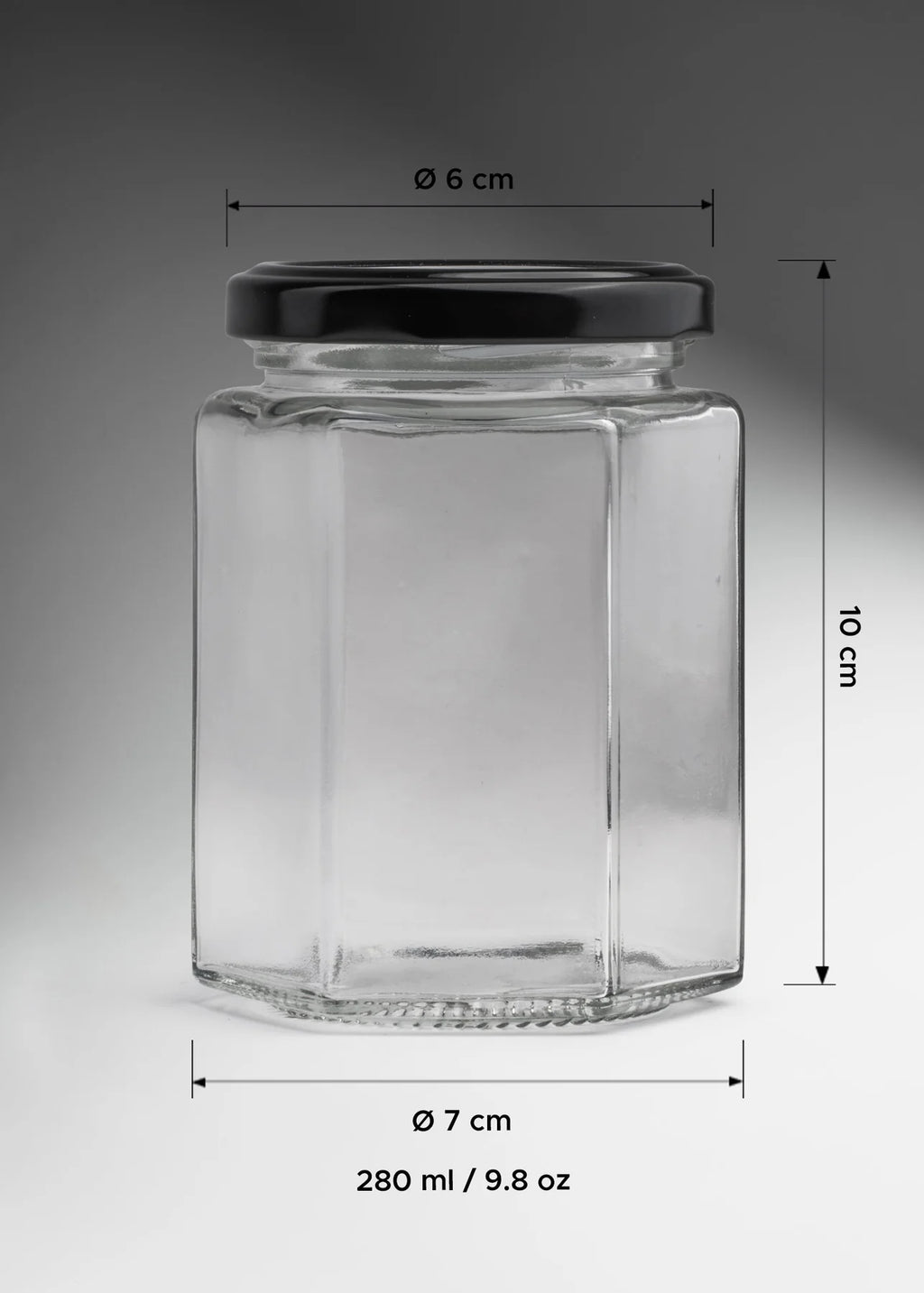FRASCO VIDRIO HEXAGONAL TAPA NEGRA 280ml - 642609