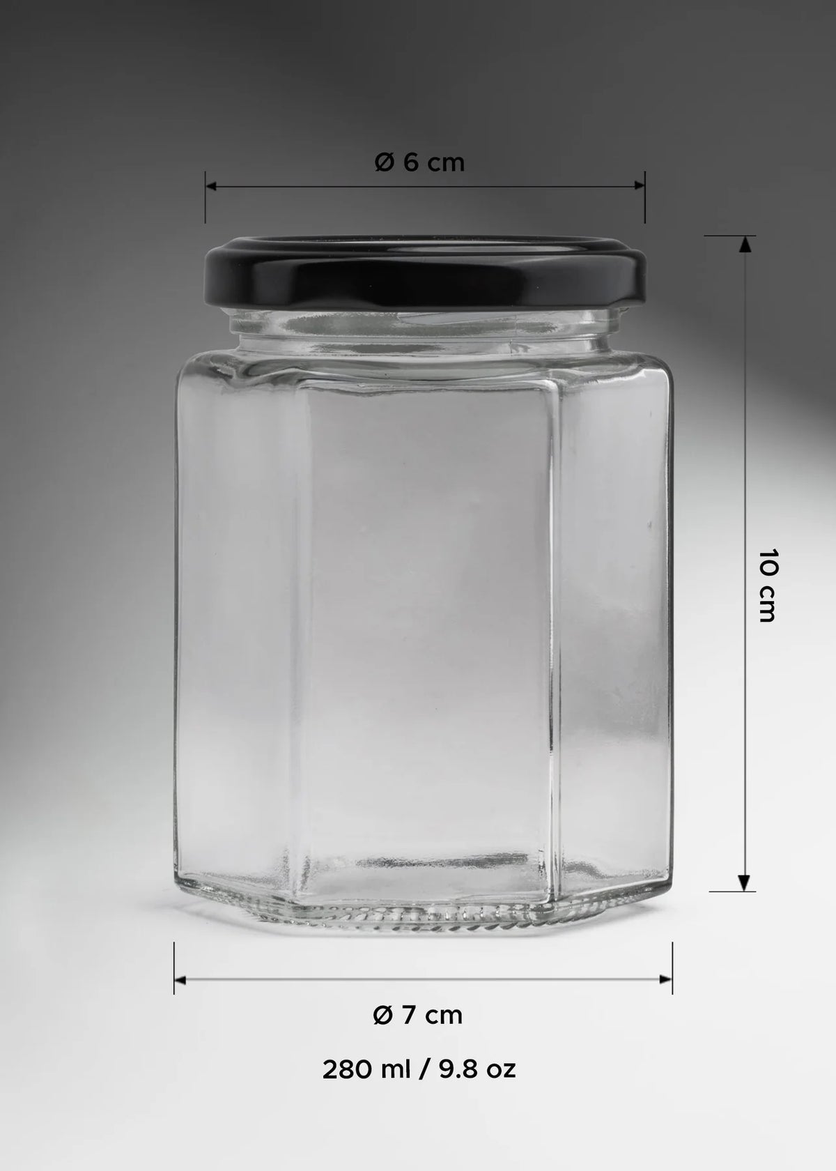 FRASCO VIDRIO HEXAGONAL TAPA NEGRA 280ml