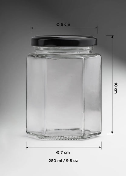 FRASCO VIDRIO HEXAGONAL TAPA NEGRA 280ml