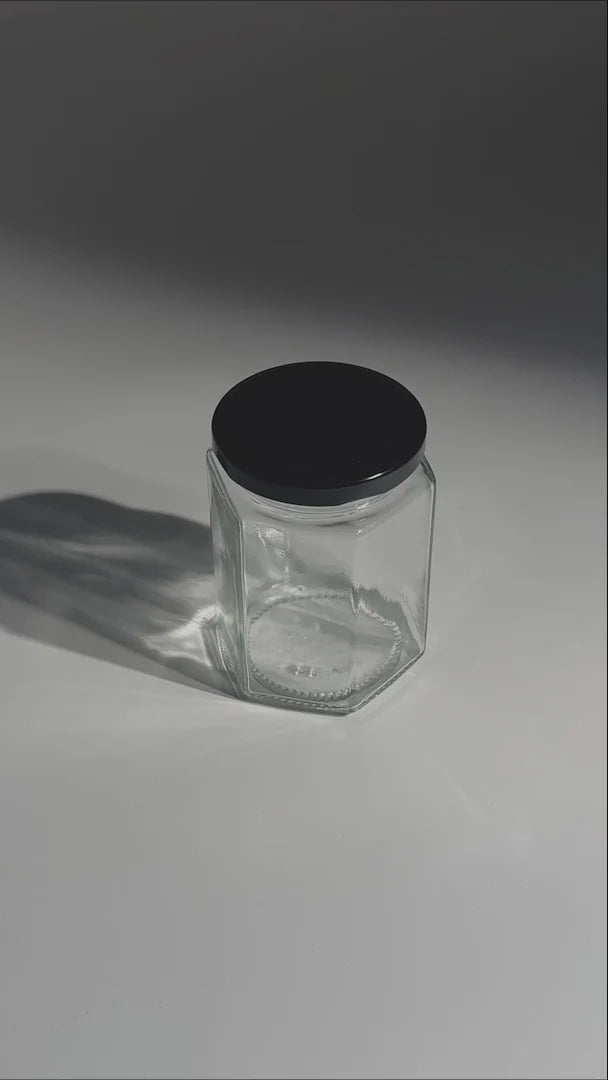 FRASCO VIDRIO HEXAGONAL TAPA NEGRA 280ml