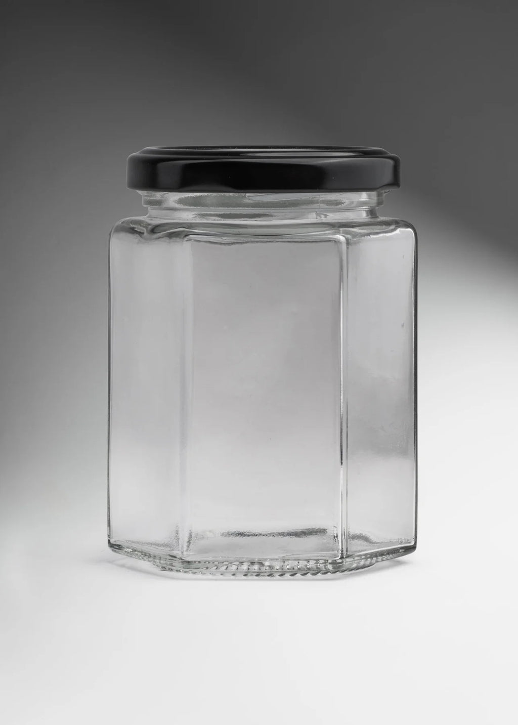 FRASCO VIDRIO HEXAGONAL TAPA NEGRA 280ml - 642609