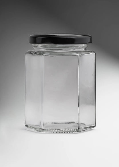 FRASCO VIDRIO HEXAGONAL TAPA NEGRA 280ml