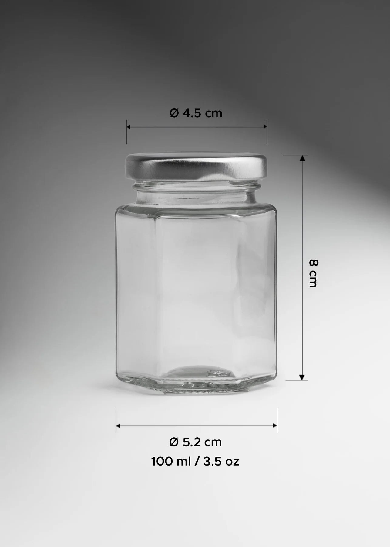 FRASCO VIDRIO HEXAGONAL TAPA PLATA 100ML