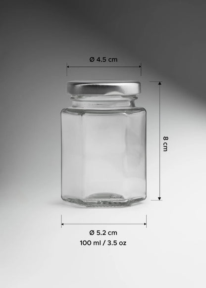 FRASCO VIDRIO HEXAGONAL TAPA PLATA 100ML