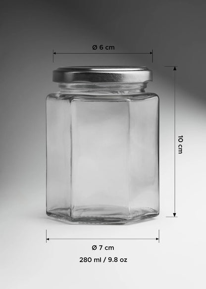 FRASCO VIDRIO HEXAGONAL TAPA PLATA 280ml
