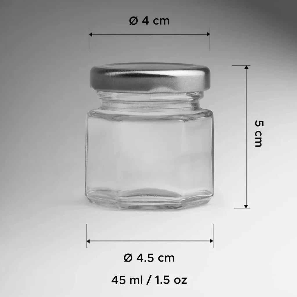 FRASCO VIDRIO HEXAGONAL TAPA PLATA 45ML