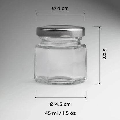 FRASCO VIDRIO HEXAGONAL TAPA PLATA 45ML