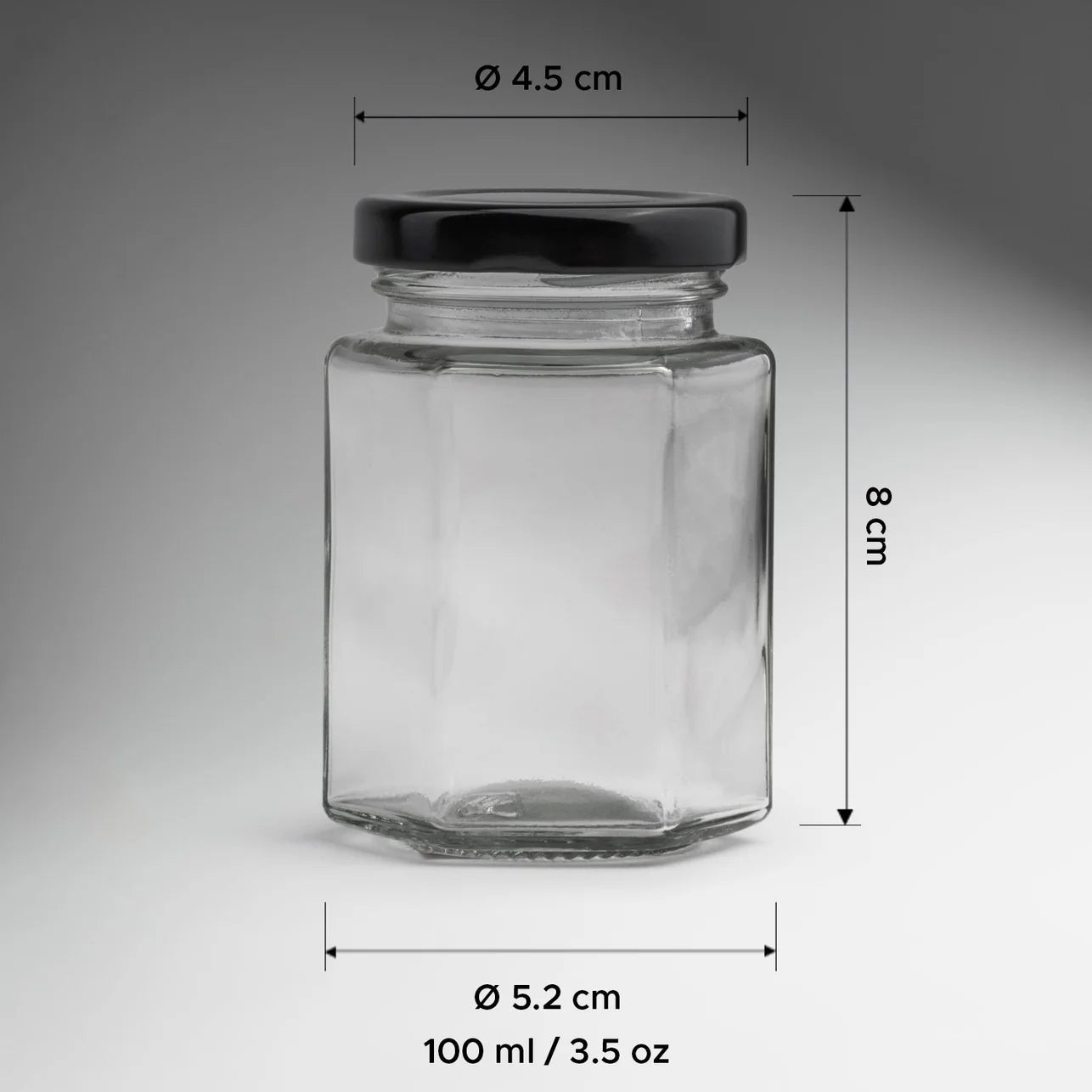FRASCO VIDRIO HEXAGONAL TAPA NEGRA 100ML