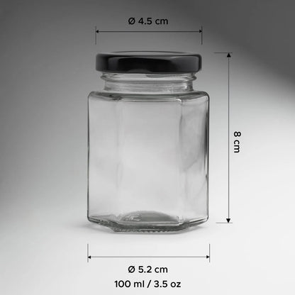 FRASCO VIDRIO HEXAGONAL TAPA NEGRA 100ML