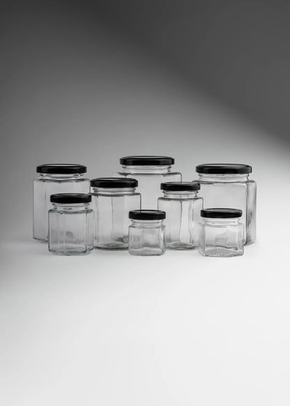 FRASCO VIDRIO HEXAGONAL TAPA NEGRA 280ml